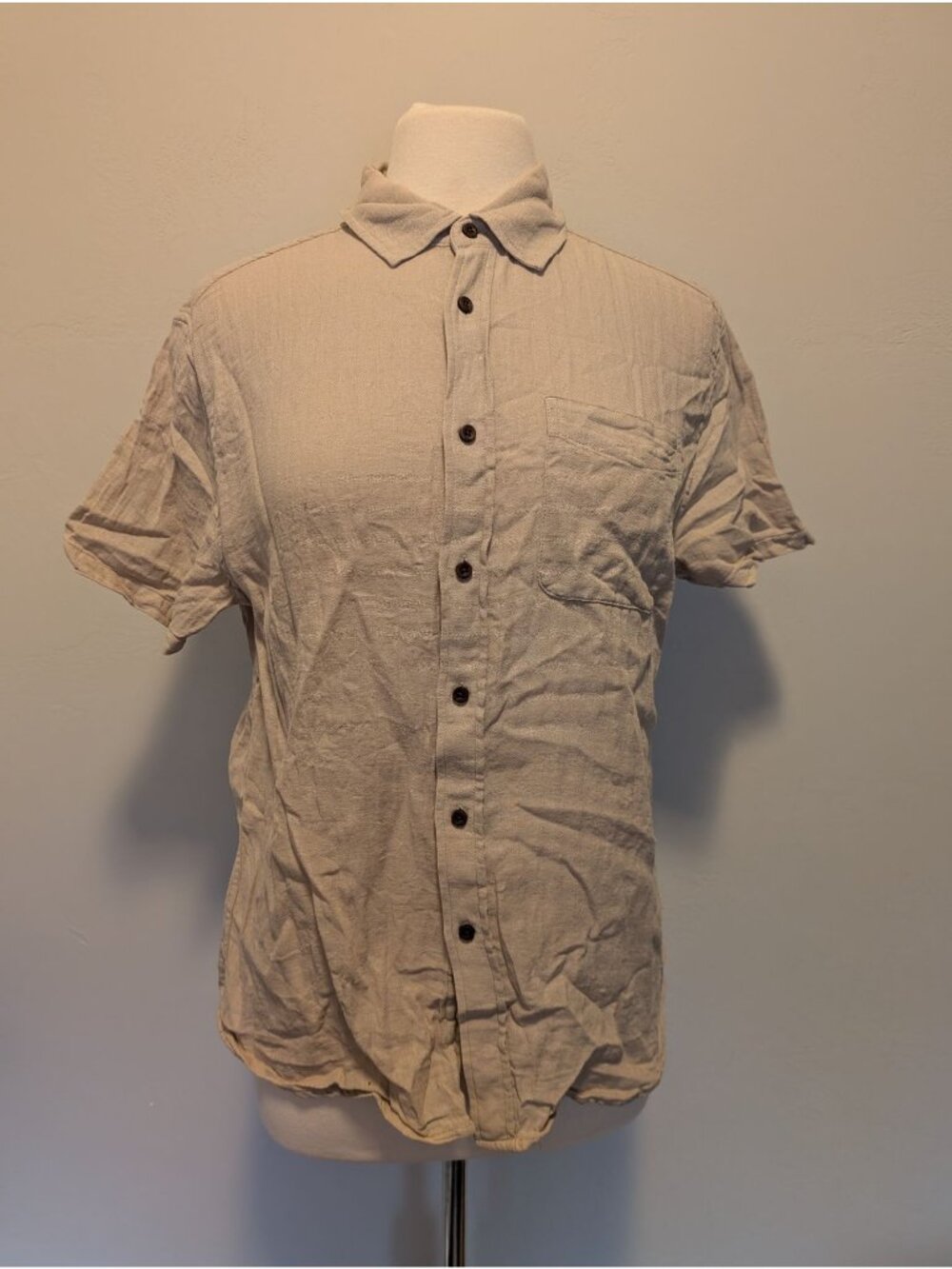 Katin Beige Short Sleeve Button-Up Shirt Small Casual Linen Blend